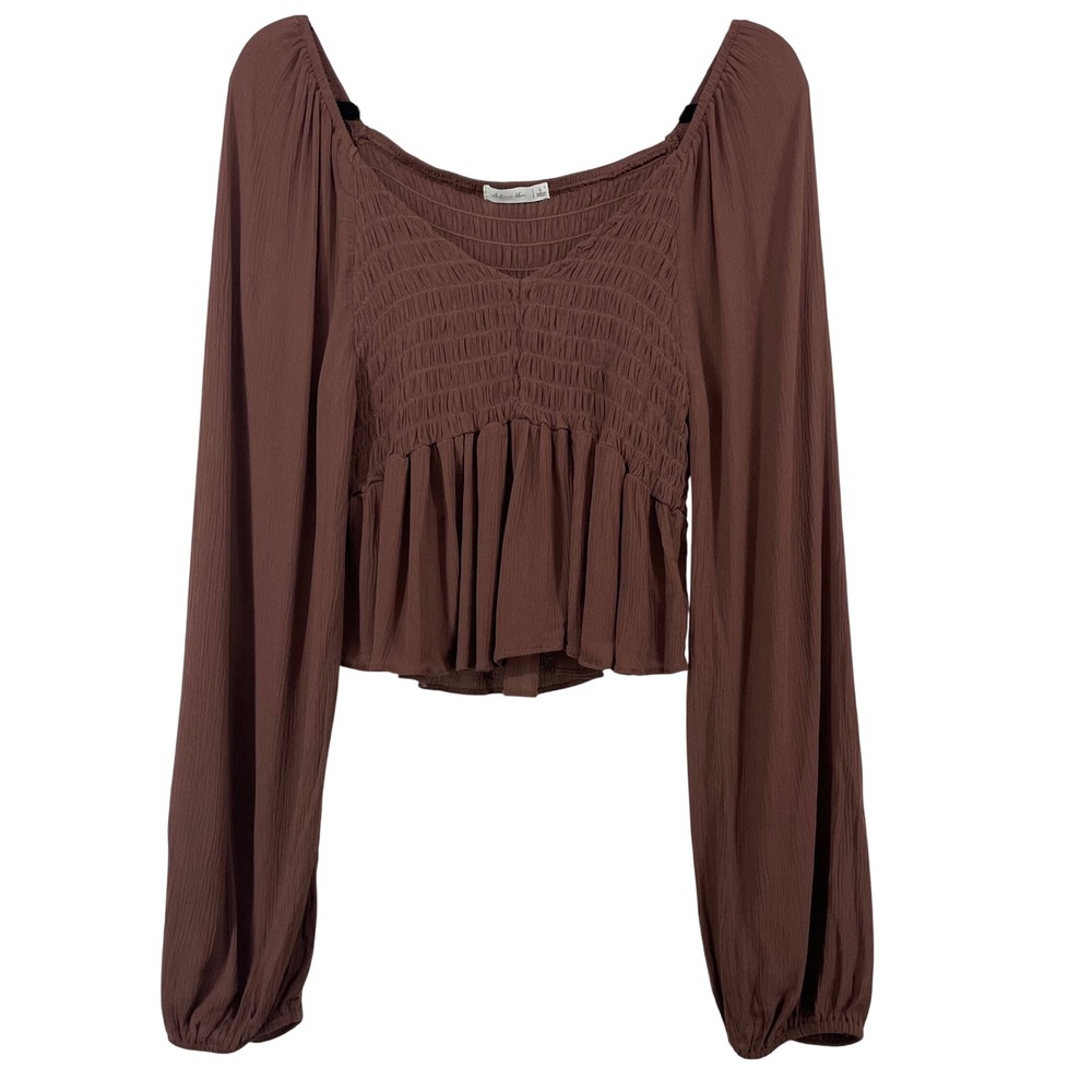 Active USA Size Large Peasant Top Brown Smocked Balloon Sleeve Boho Women